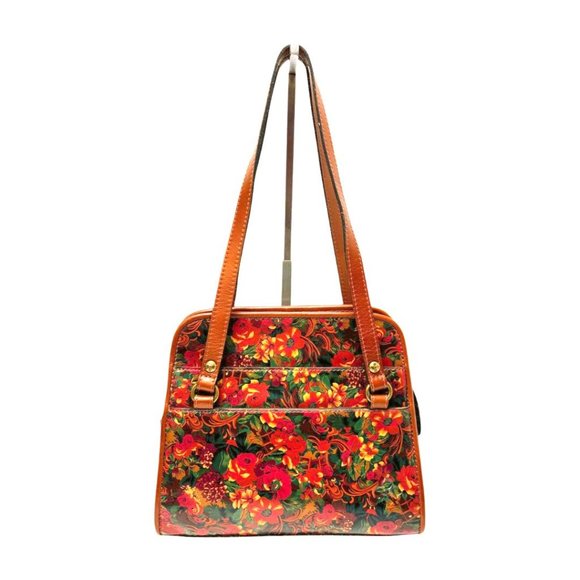Patricia Nash Zip Close Expandable Floral Smooth Leather Tote Brown Orange Green - Picture 1 of 9